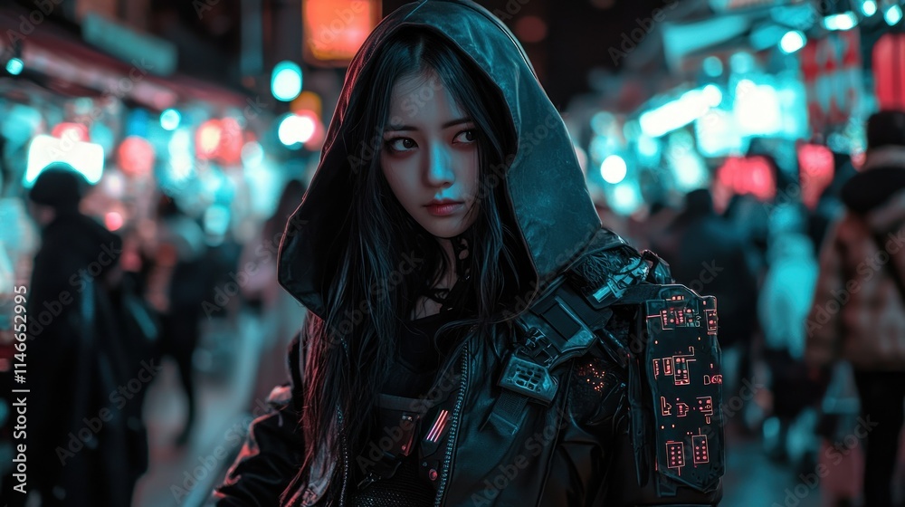An Asian female assassin with black hair under her hood, walking through a cyberpunk cityscape background wallpaper AI generated image An Asian female assassin with black hair under her hood, walking through a cyberpunk cityscape background wallpaper AI generated image