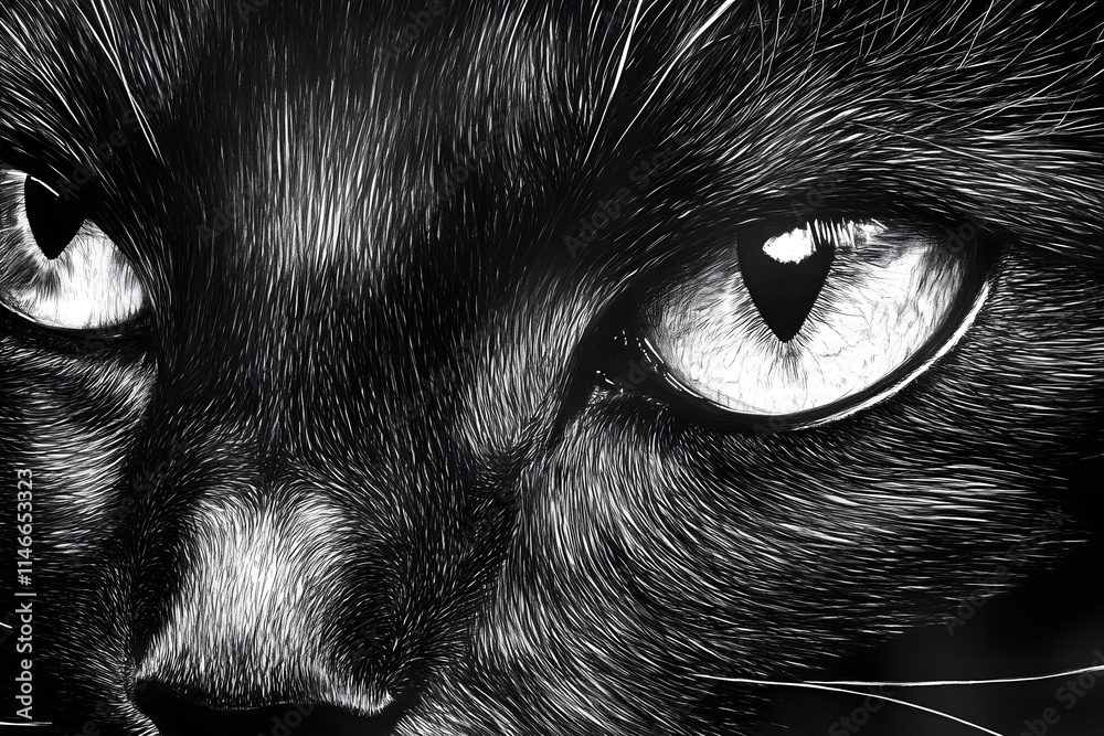 Close-up illustration of a cat's face, emphasizing its striking eyes and fur texture. Close-up illustration of a cat's face, emphasizing its striking eyes and fur texture.