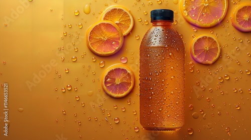 Top view of a transparent plastic container with orange liquid in the backdrop, with writing space, Generative Ai. photo