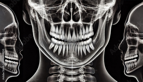 An X-ray image of a human jaw highlighting the dental alignment, mandibular structure, and bone density for diagnostic or educational use. photo