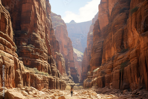 man woman towering canyon walls stand as eternal sentinels, silently testifying to unfathomable passage of time photo