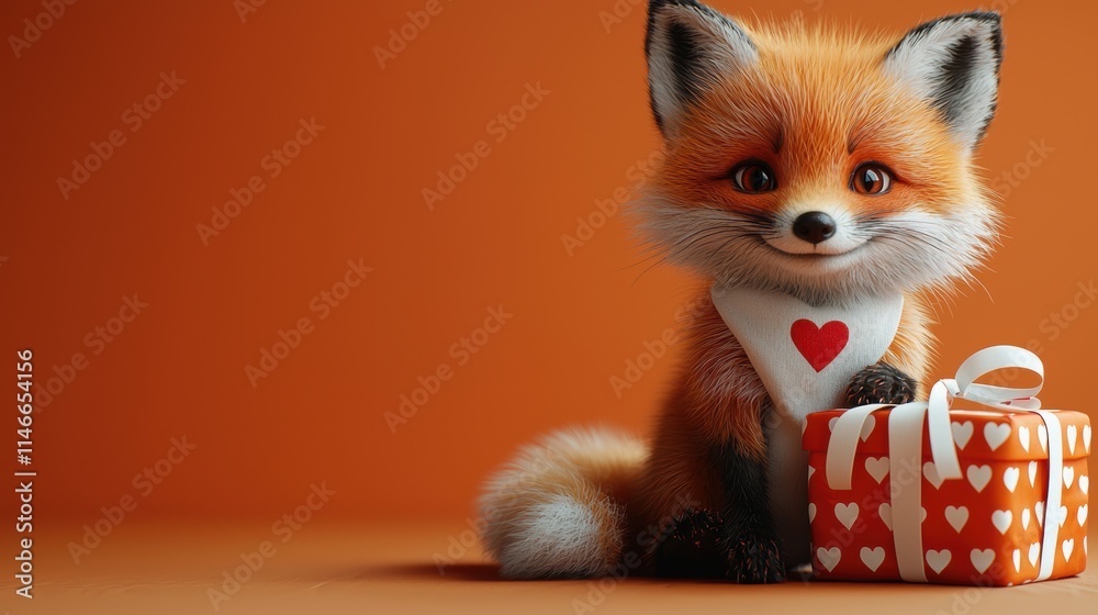 Obraz premium Adorable orange fox wearing a white T-shirt with a red heart, sitting next to an orange gift box with heart patterns, set against a warm peach orange background.