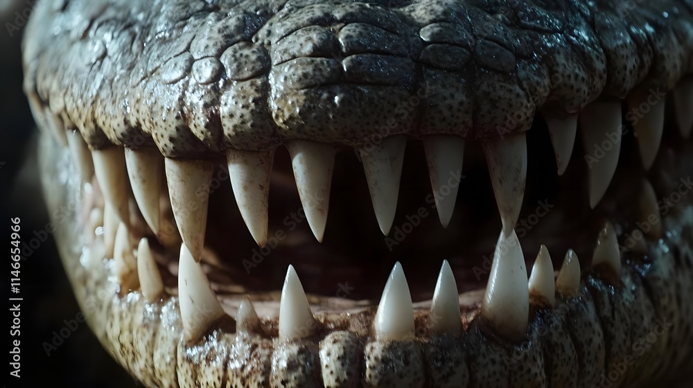 Obraz premium Close-up of a crocodile's mouth showcasing sharp teeth and textured skin.