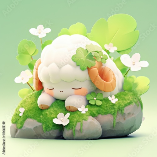 Cartoon 3D sheep sleeping on a stone photo