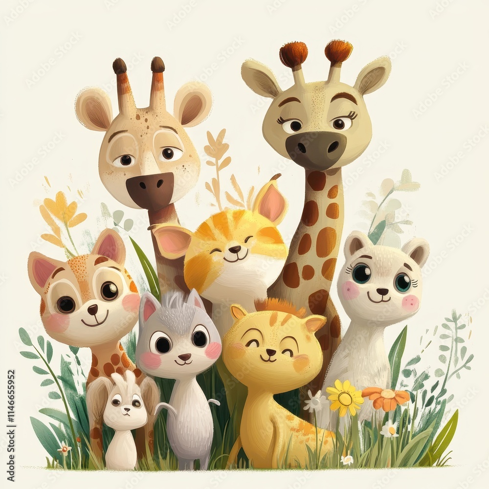 Naklejka premium Adorable Cartoon Animals Posing Together In A Garden