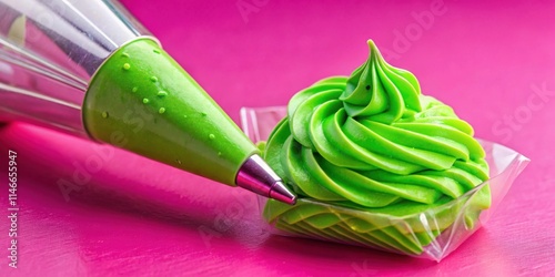 A close-up view of a green frosting swirl being piped from a piping bag onto a pink surface photo