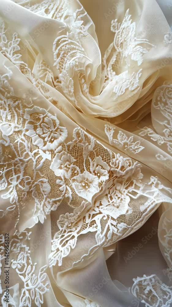 Delicate Beige Lace Fabric with Floral Embroidery Designvertical video Delicate Beige Lace Fabric with Floral Embroidery Designvertical video