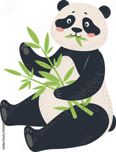 Adorable baby panda bear sitting with legs crossed, holding and eating fresh green bamboo branches, isolated illustration on white background