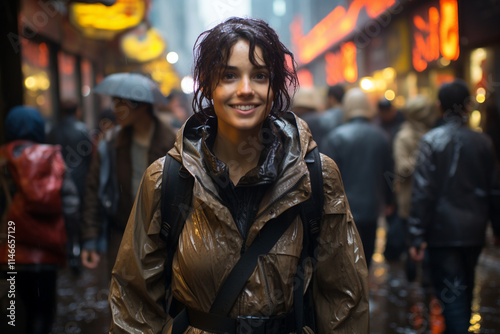 woman urban landscape radiates a lively atmosphere after refreshing downpour, as glistening sidewalks encapsulate stories of numerous wanderers and pulsating energy of metropolitan life