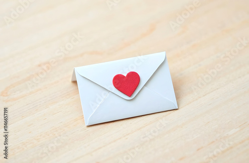 A simple white envelope sealed with a red heart on a wooden surface, perfect for Valentine's Day promotions, romantic designs, or love-themed social media posts. Selective focus