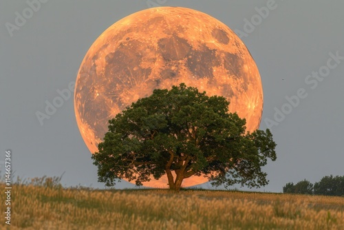 A large tree stands in a field with a full moon in the background
