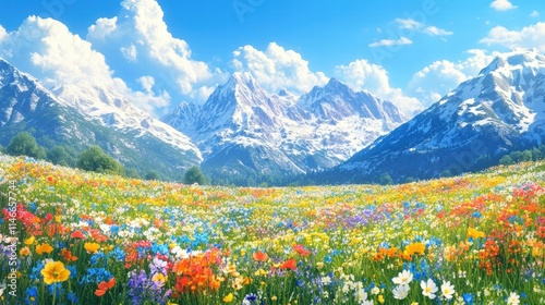 Wallpaper Mural vibrant wildflower meadow with majestic mountain range Torontodigital.ca