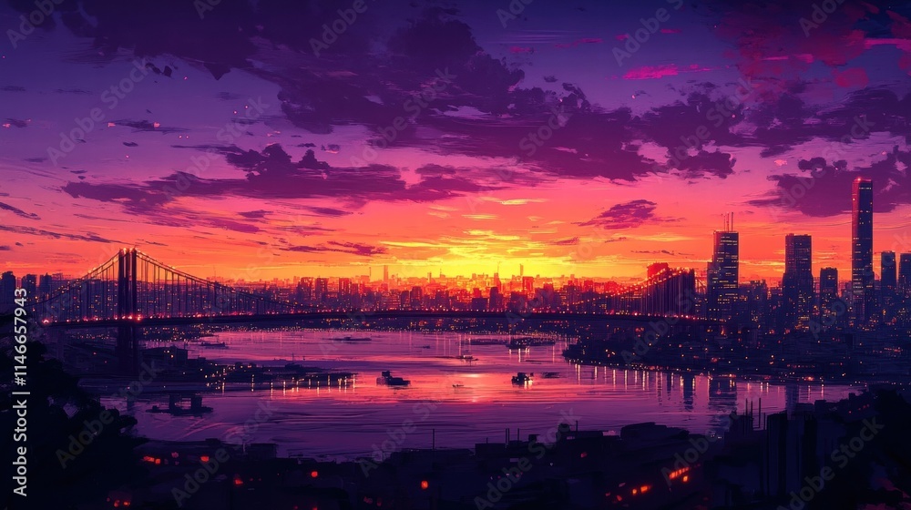 Fototapeta premium vibrant sunset cityscape with bridge