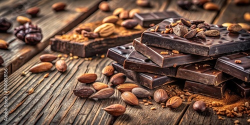 Aromatic Dark Chocolate Bars with Roasted Almonds and Cocoa Nibs on a Rustic Wooden Background photo