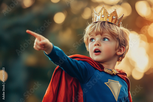 A boy with an amazed expression, wearing a superhero cape and a crown, pointing at something in the distance.  childish delight photo