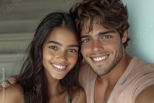 Smiling Young Couple Snap Selfie on Stairs at Home