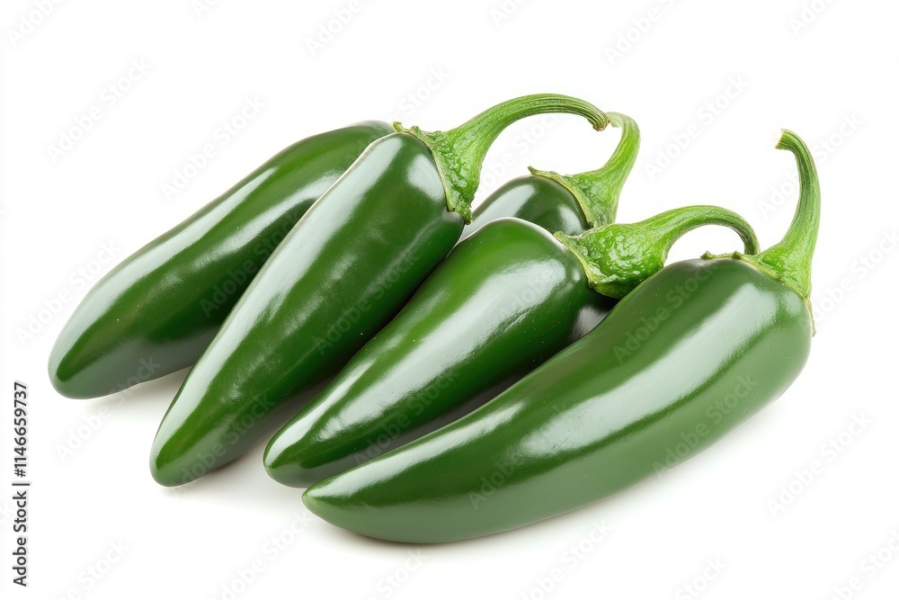 A cluster of green jalapeno peppers with smooth shiny skins, isolated on a clean white background A cluster of green jalapeno peppers with smooth shiny skins, isolated on a clean white background
