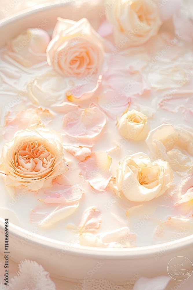 Milk bath with rose petals. Selective focus. Milk bath with rose petals. Selective focus.