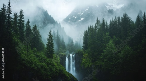 misty mountain waterfall in lush evergreen forest