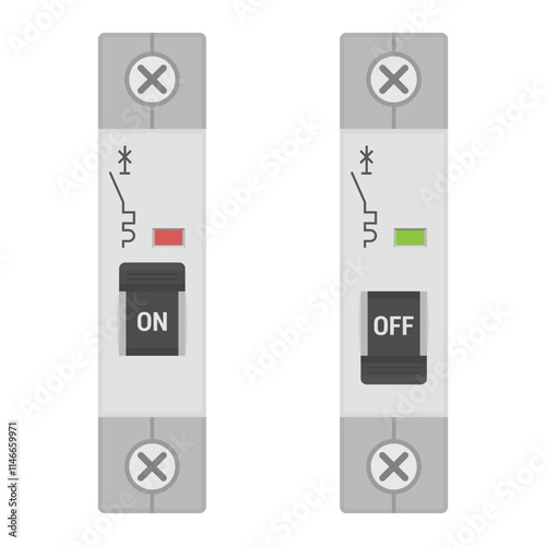 Circuit breaker for DIN rail mount. Set of single pole MCB devices. Flat vector illustration isolated on white