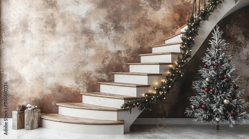 Elegant staircase with Christmas decor and tree