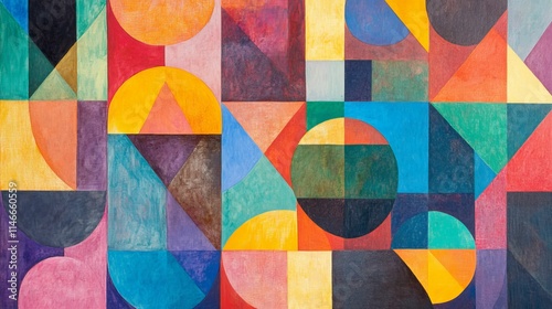 Abstract geometric painting; vibrant colors, varied shapes.