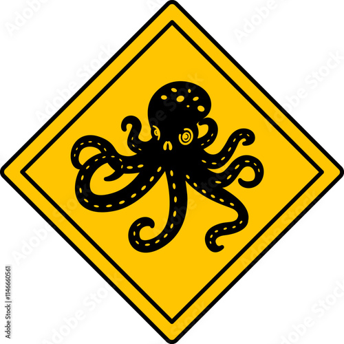 Yellow Octopus Road Sign. Vector Icon. Marine Animal Warning Road Sign. Zoo Sticker photo