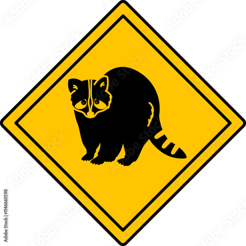 Yellow Raccoon Road Sign. Vector Icon. Road Sign Warning about Animals Crossing the Road. Zoo Sticker