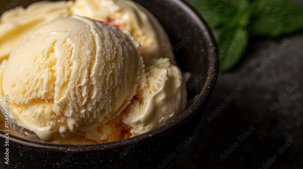 Creamy vanilla ice cream scoops in a dark bowl with mint leaves. Creamy vanilla ice cream scoops in a dark bowl with mint leaves.