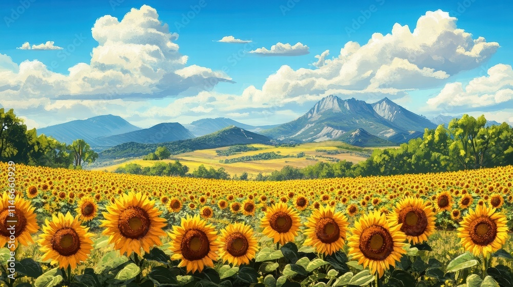 Obraz premium sunflowers field in mountain landscape