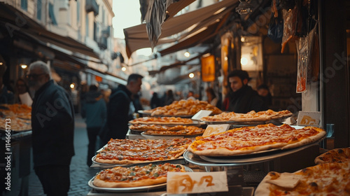 Evening market in Italy with a variety of pizza displayed for sale.  photo