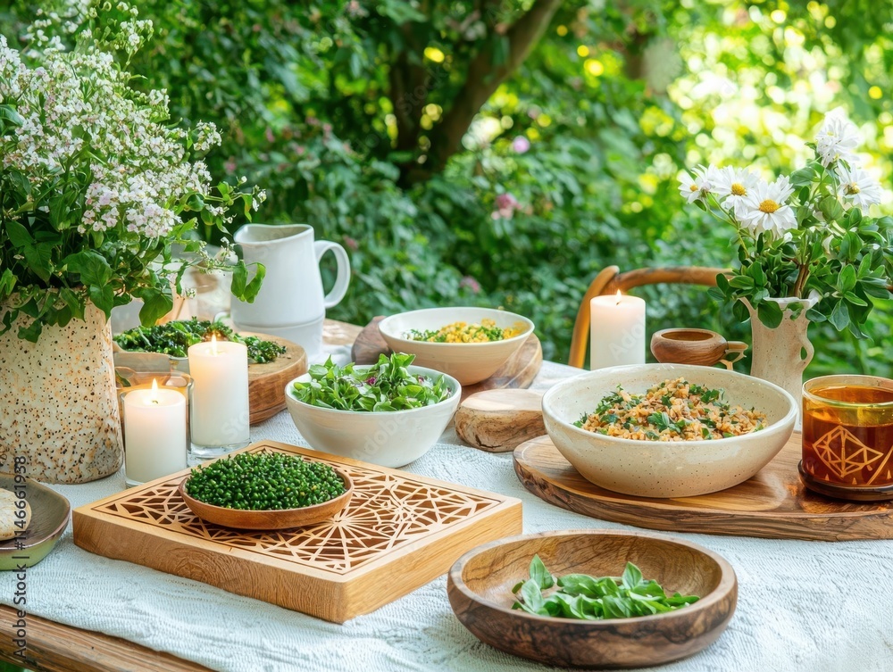 A beautiful outdoor dining setup with fresh salads and candles surrounded by greenery. A beautiful outdoor dining setup with fresh salads and candles surrounded by greenery.
