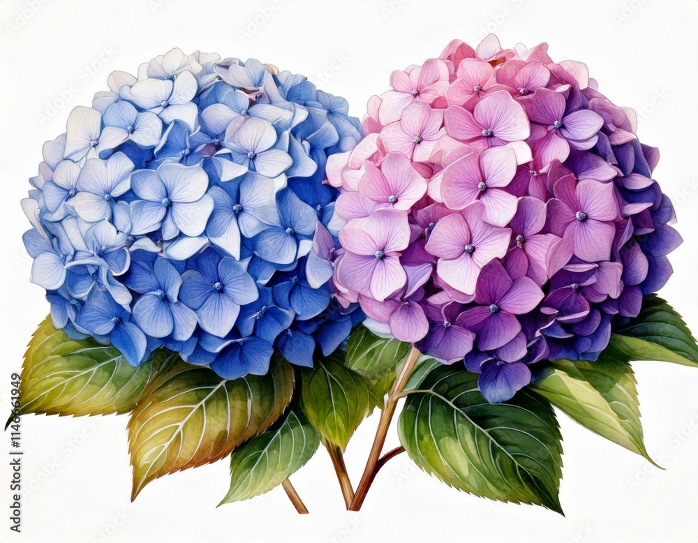 Fototapeta premium Realistic Watercolor Illustration of Hydrangea Flowers: Elements Isolated on White Background