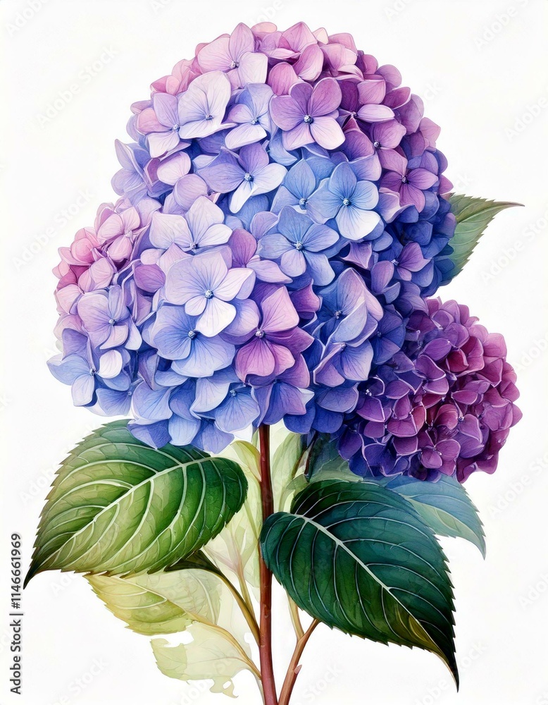 Fototapeta premium Realistic Watercolor Illustration of Hydrangea Flowers: Elements Isolated on White Background