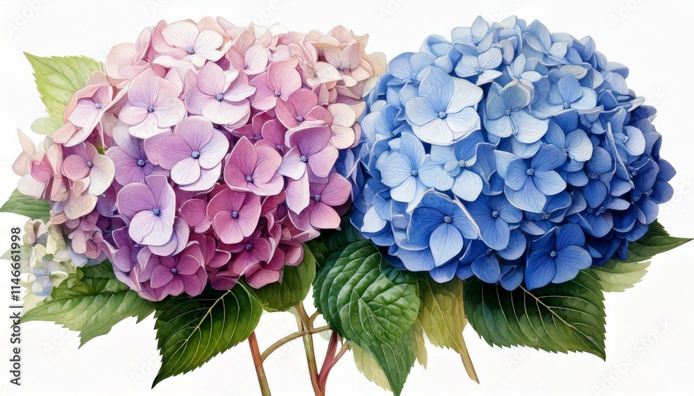 Obraz premium Realistic Watercolor Illustration of Hydrangea Flowers: Elements Isolated on White Background