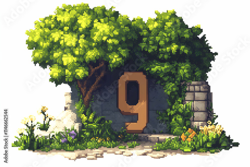 Number 9 at a stone gateway with vines, trees, and foliage. Use for game backgrounds or design elements. photo