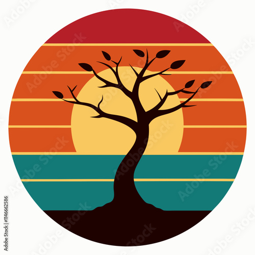 Sunset Summer and plum tree Silhouette on Retro Vintage Background Vector Art Illustration T-shirt Design Art.