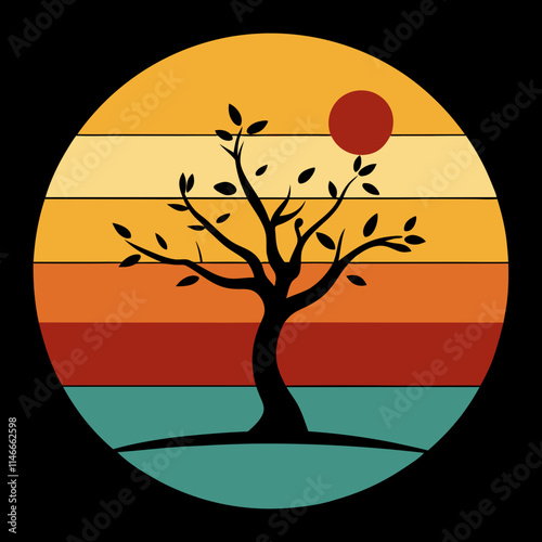 Sunset Summer and plum tree Silhouette on Retro Vintage Background Vector Art Illustration T-shirt Design Art.