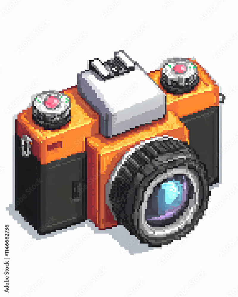 Orange and black pixel camera on white, can be used for graphics.