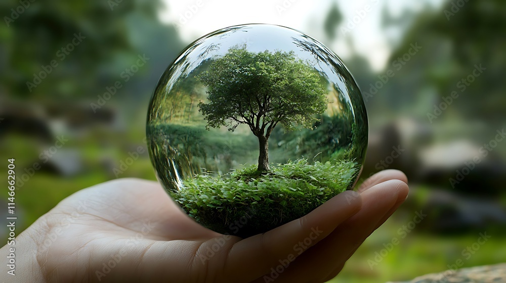 Crystal ball with tree in the forest. Conceptual image for environment conservation Crystal ball with tree in the forest. Conceptual image for environment conservation