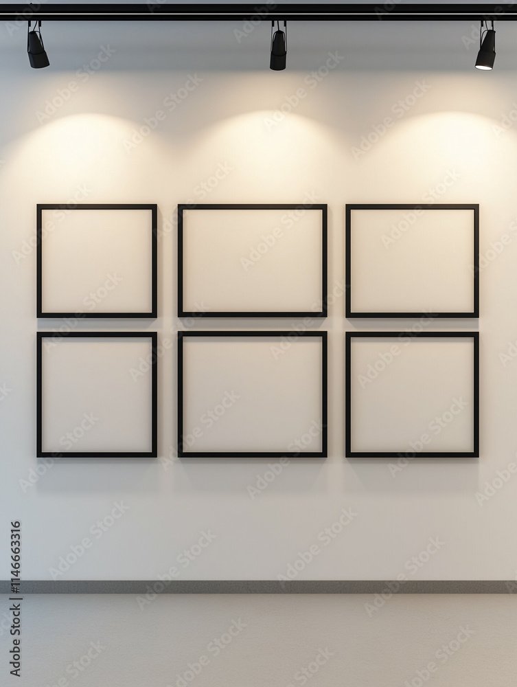 Modern White Wall with Seven Black Frames and Spotlights Modern White Wall with Seven Black Frames and Spotlights
