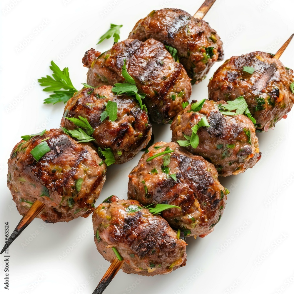 Delicious kofta kebabs grilling on skewers, seasoned with fresh parsley, creating a mouthwatering culinary scene Delicious kofta kebabs grilling on skewers, seasoned with fresh parsley, creating a mouthwatering culinary scene