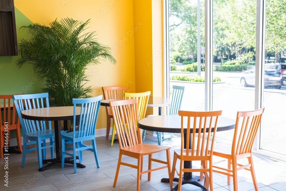 Fototapeta premium A colorful caf? interior with vibrant chairs and tables, creating a lively dining atmosphere.