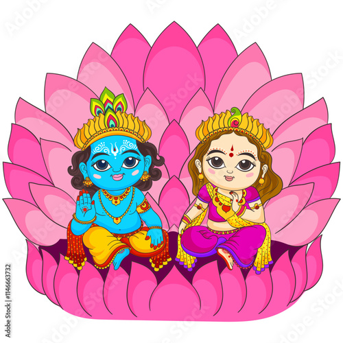 A colorful illustration of Hindu deities Krishna and Radha sitting on a pink lotus flower. They are depicted as young children, dressed in traditional Indian attire