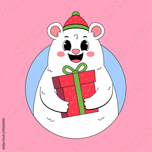 CUte polar bear holding red gift box