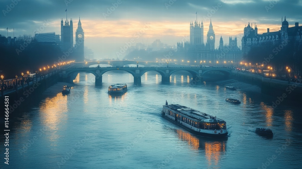 Fototapeta premium london cityscape at dusk river thames with boats and parliament