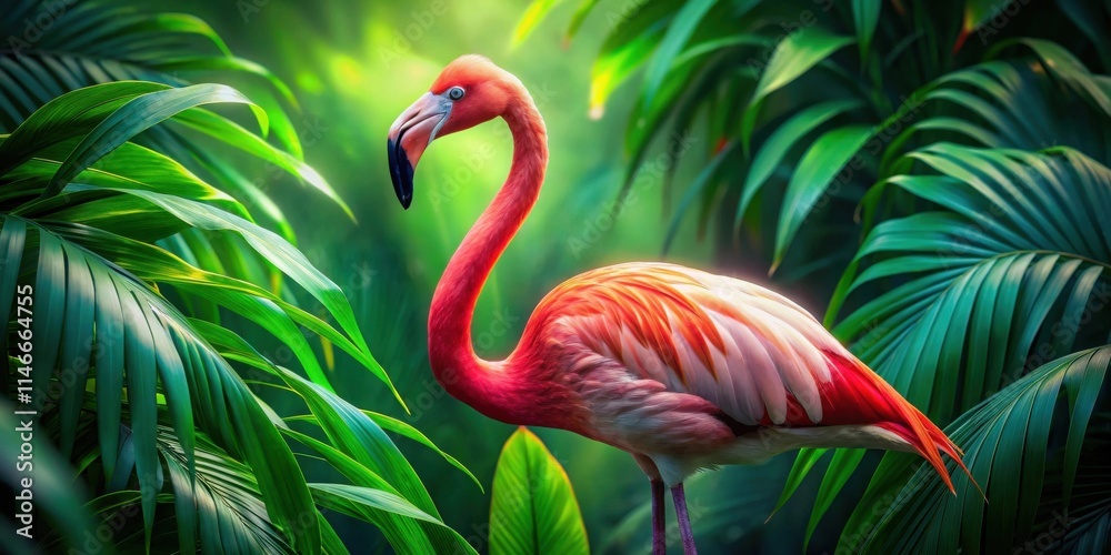 Fototapeta premium A Vibrant Flamingo Stands Amidst Lush Tropical Foliage, Its Pink Feathers Reflecting the Sunlight Filtering Through the Leaves