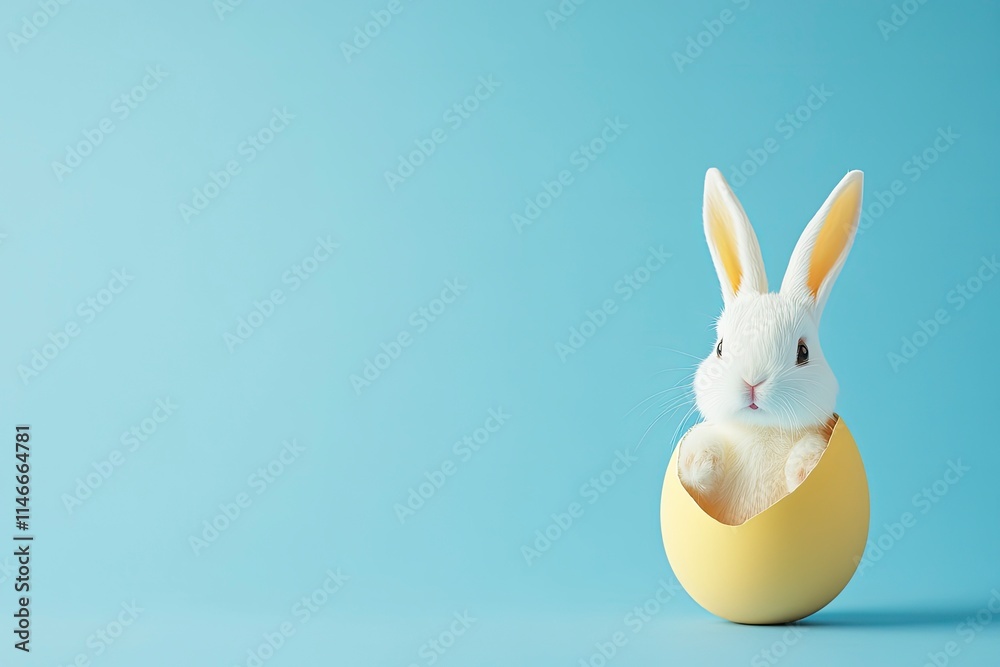 Obraz premium Easter rabbit, cute white bunny coming out of an opened egg on empty pink background with copy space 