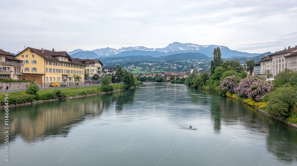 Serene River View with Alpine Mountains and Buildings Serene River View with Alpine Mountains and Buildings