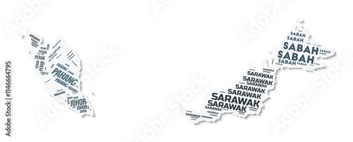 Malaysia shape text cloud. Country border with shadow on white background. Malaysia with regions division in vintage gazette style. Artistic vector illustration.